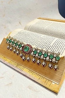 Gold Finish Moissanite Polki & Green Crystal Choker Necklace Set