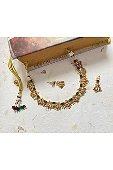 Gold Finish Green Stone & Ghungroo Temple Necklace Set