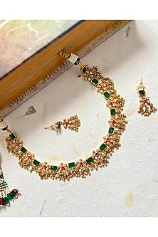 Gold Finish Green Stone & Ghungroo Temple Necklace Set