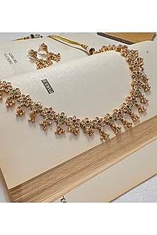 Gold Finish Floral Motif Temple Necklace Set