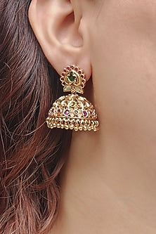 Gold Finish Temple Jhumka Earrings
