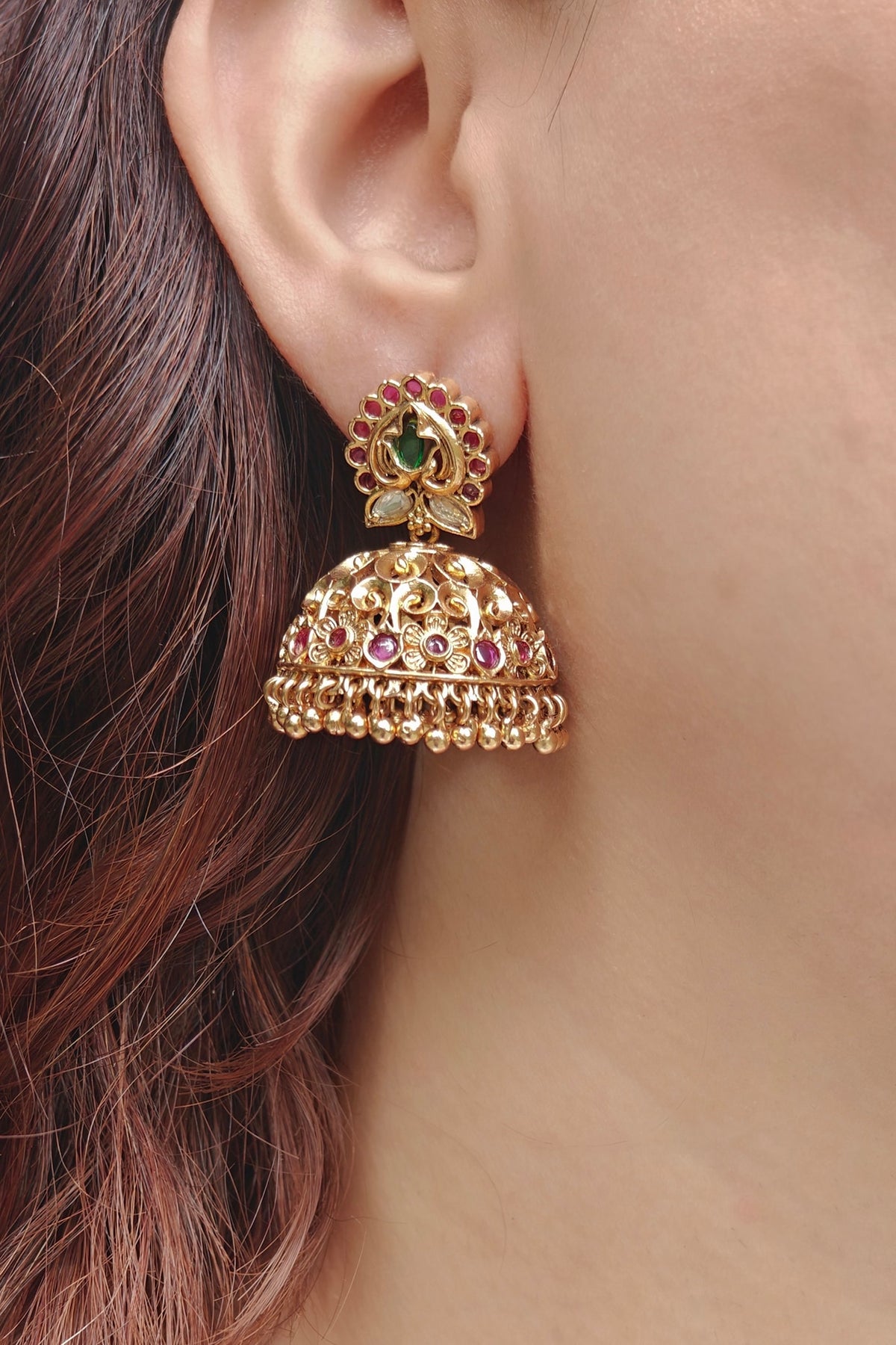 Gold Finish Temple Jhumka Earrings