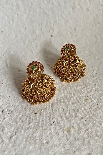 Gold Finish Temple Jhumka Earrings