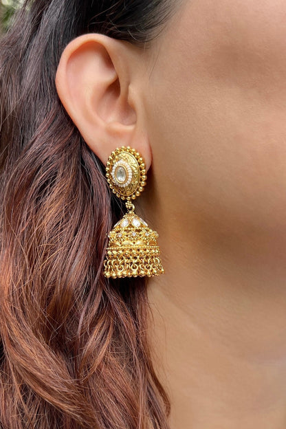 Gold Finish Pearl Temple Jhumka Earrings