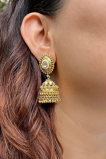 Gold Finish Pearl Temple Jhumka Earrings