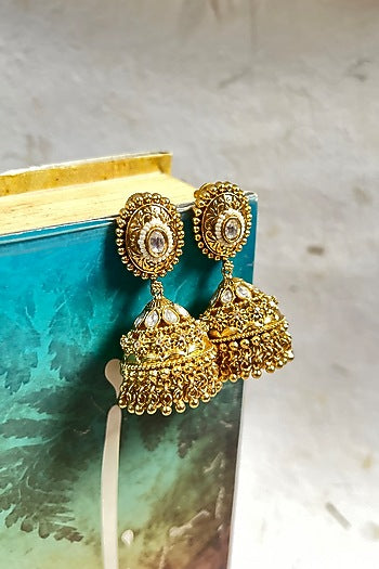 Gold Finish Pearl Temple Jhumka Earrings