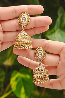 Gold Finish Pearl Temple Jhumka Earrings