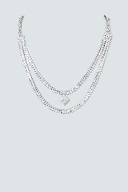 White Finish Zircon Long Necklace Set