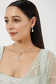 White Finish Zircon Long Necklace Set
