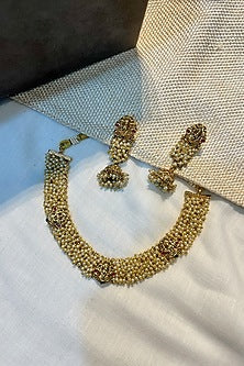 Gold Finish Pearl Temple Choker Necklace Set