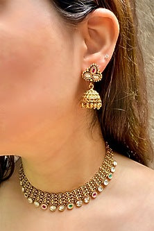 Gold Finish Meshwork Temple Necklace Set
