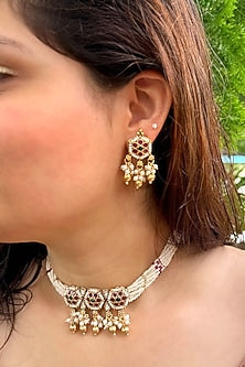 Gold Finish Pearl & Stone Motif Temple Choker Necklace Set