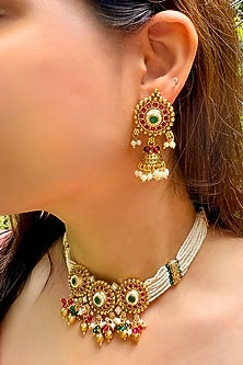 Gold Finish Pearl & Stone Motif Temple Choker Necklace Set