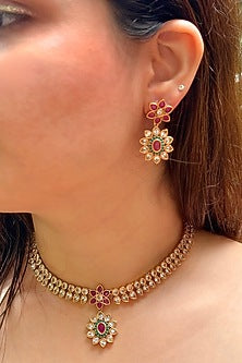 Gold Finish Multi-Colored Synthetic Stone Temple Choker Necklace Set