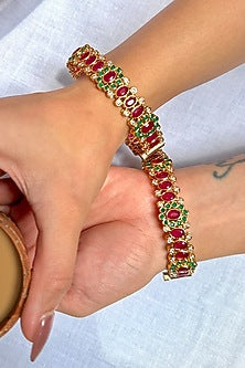 Gold Finish Multi-Colored Zircon Temple Bangles (Set Of 2)