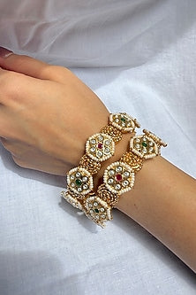 Gold Finish Multi-Colored Stone & Pearl Temple Bangles (Set Of 2)