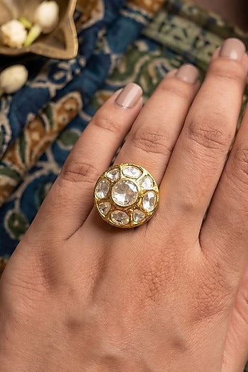 Gold Finish Moissanite Polki Adjustable Ring