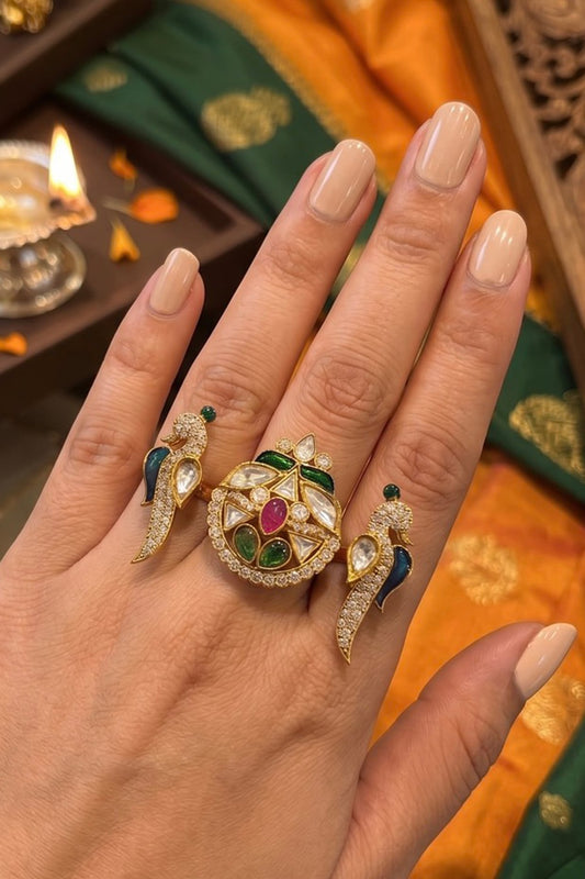 Gold Finish Moissanite Polki & Emerald Meenakari Adjustable Dual Finger Ring