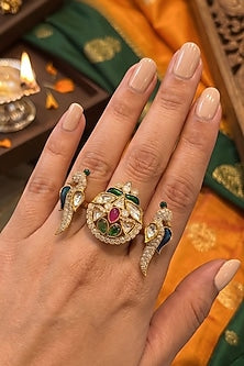 Gold Finish Moissanite Polki & Emerald Meenakari Adjustable Dual Finger Ring