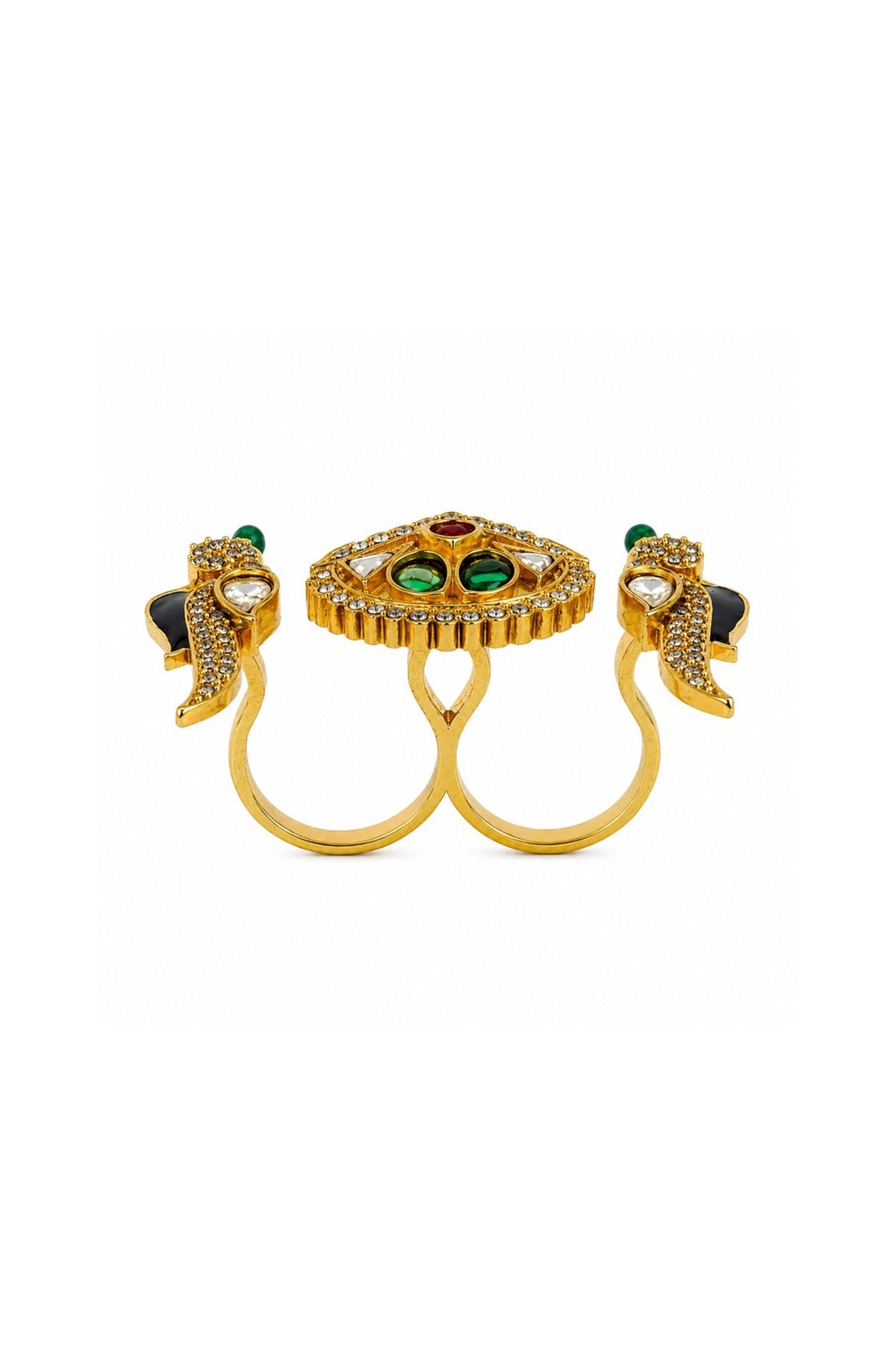 Gold Finish Moissanite Polki & Emerald Meenakari Adjustable Dual Finger Ring