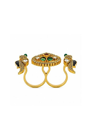 Gold Finish Moissanite Polki & Emerald Meenakari Adjustable Dual Finger Ring