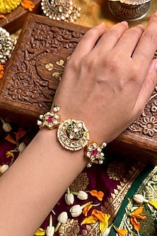 Gold Finish Moissanite Polki & Ruby Stone Adjustable Bracelet