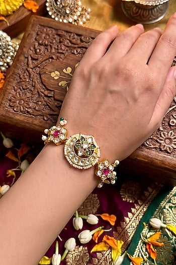 Gold Finish Moissanite Polki & Ruby Stone Adjustable Bracelet