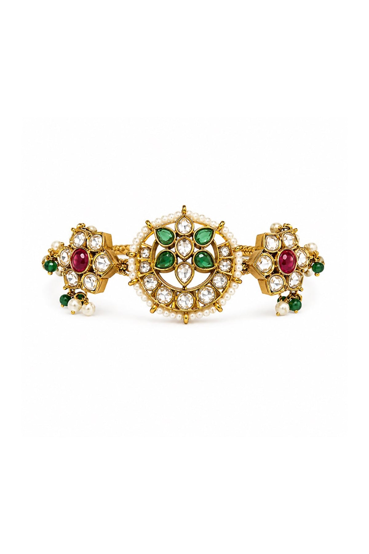 Gold Finish Moissanite Polki & Ruby Stone Adjustable Bracelet