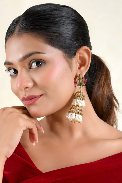 Gold Finish Faux Pearl & Ruby Stone Jhumka Earrings