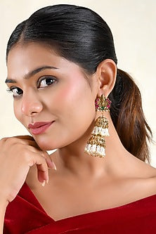 Gold Finish Faux Pearl & Ruby Stone Jhumka Earrings