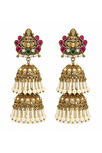 Gold Finish Faux Pearl & Ruby Stone Jhumka Earrings
