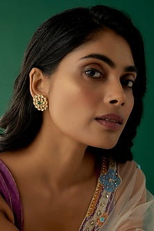 Gold Finish Kundan Polki & Emerald Stud Earrings