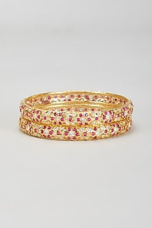Gold Finish Ruby Synthetic Stone Bangles (Set Of 2)