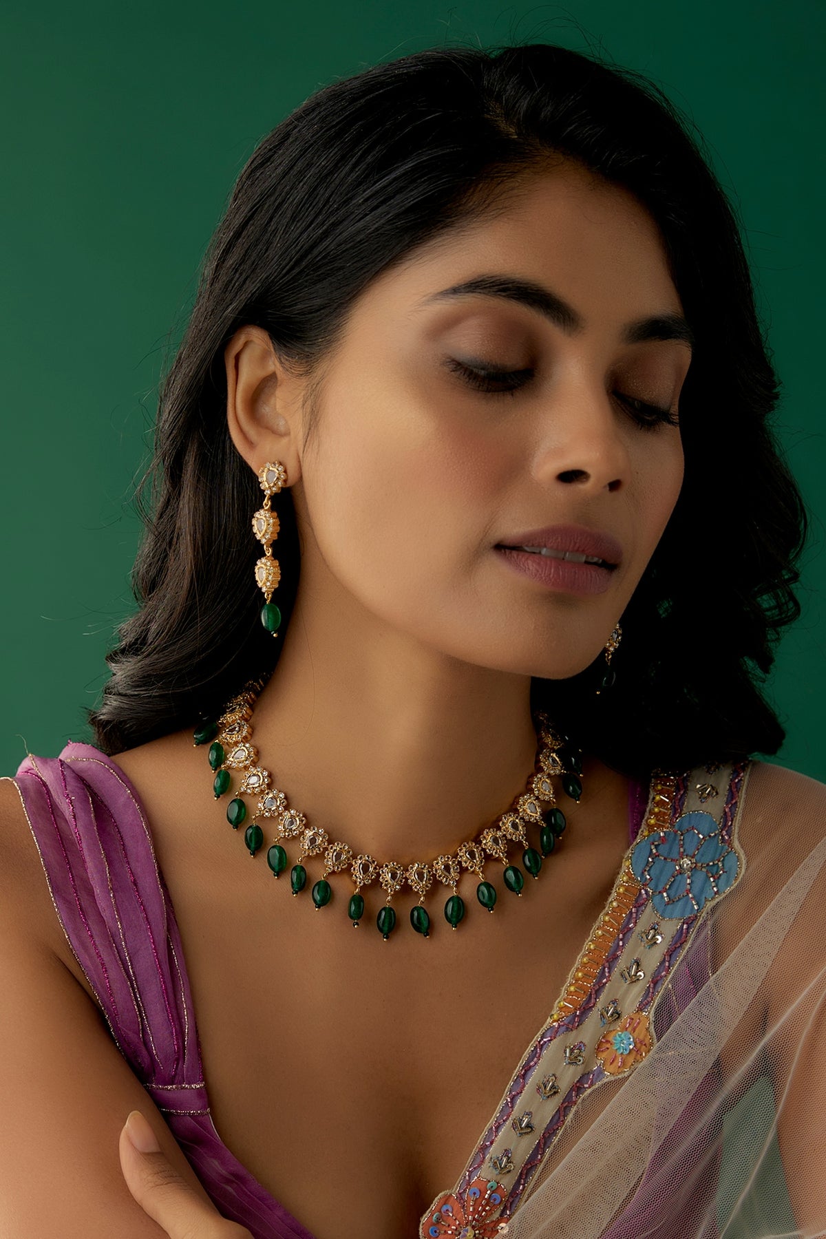 Gold Finish Kundan & Green Crystal Choker Necklace Set