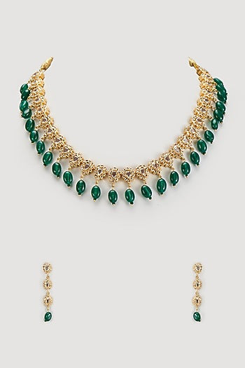 Gold Finish Kundan & Green Crystal Choker Necklace Set