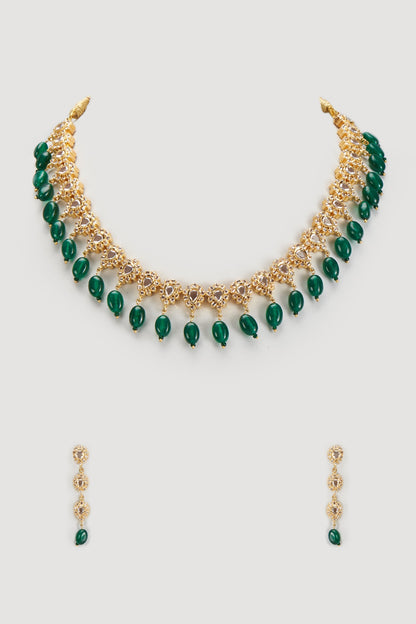 Gold Finish Kundan & Green Crystal Choker Necklace Set