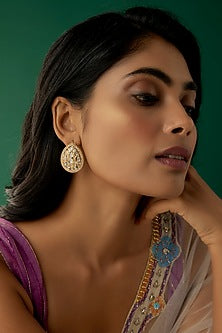 Gold Finish Kundan Polki & Crystal Teardrop Stud Earrings