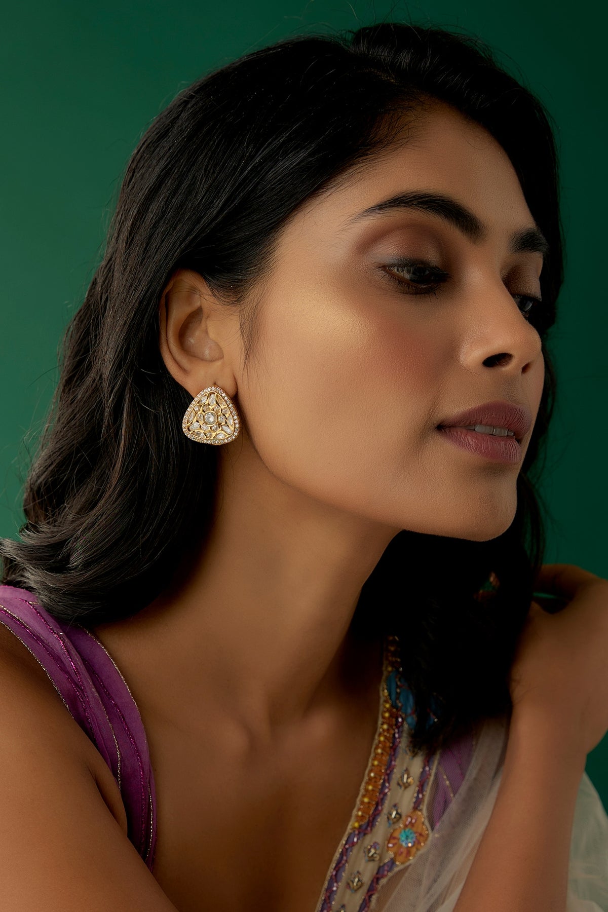 Gold Finish Kundan Polki & Crystal Stud Earrings
