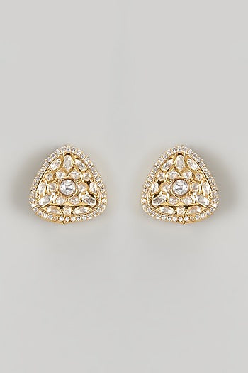 Gold Finish Kundan Polki & Crystal Stud Earrings
