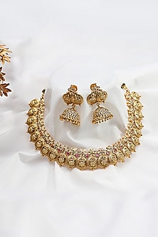 Gold Finish Ruby Stone Temple Choker Necklace Set