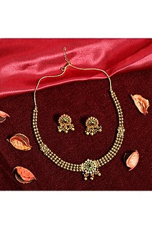 Gold Finish Red & Green Stone Temple Choker Necklace Set