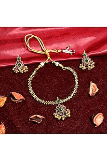 Gold Finish Multi-Colored Stone Temple Choker Necklace Set