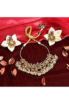 Gold Finish Pearl & Multi-Colored Stone Temple Choker Necklace Set