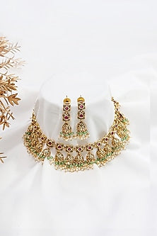 Gold Finish Multi-Colored Stone Temple Choker Necklace Set