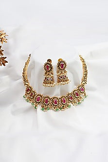 Gold Finish Multi-Colored Oval Stone Temple Choker Necklace Set