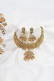 Gold Finish Ghungroo Motif & Red Stone Temple Choker Necklace Set