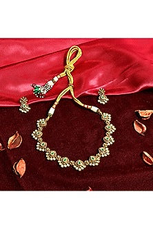 Gold Finish Green Stone Temple Choker Necklace Set