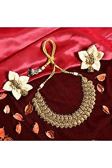 Gold Finish Multi-Colored Stone Temple Choker Necklace Set