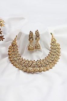 Gold Finish Multi-Colored Stone Temple Choker Necklace Set
