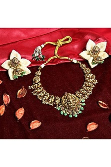Gold Finish Green Stone Temple Choker Necklace Set